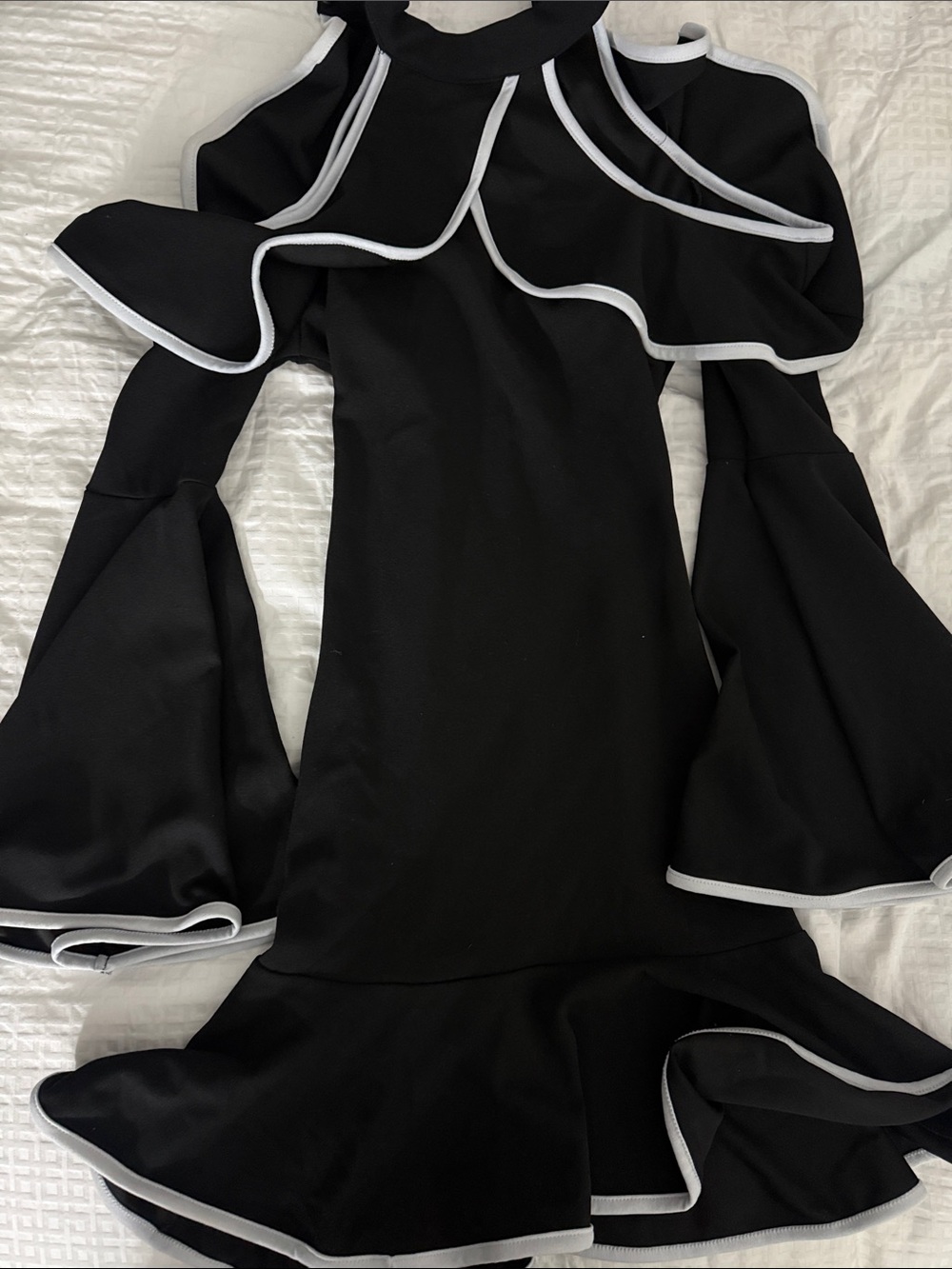 Black Long-Sleeve Ruffle-Trim Dress with Contrast Piping